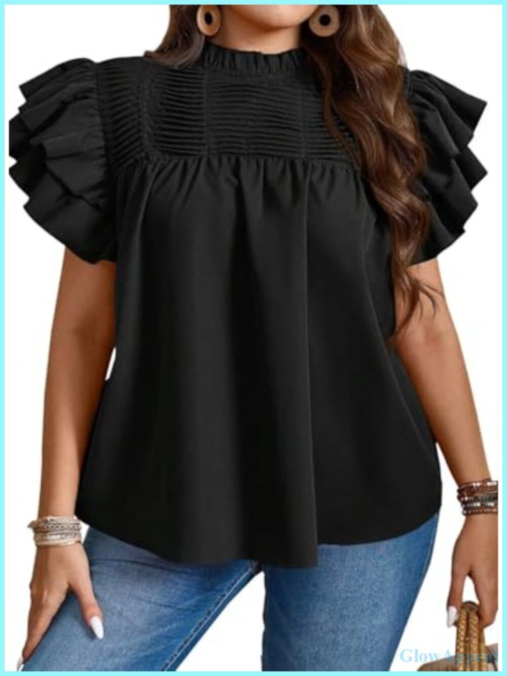Womens Plus Size Ruffle Sleeve Blouse Mock Neck Pleated Top
